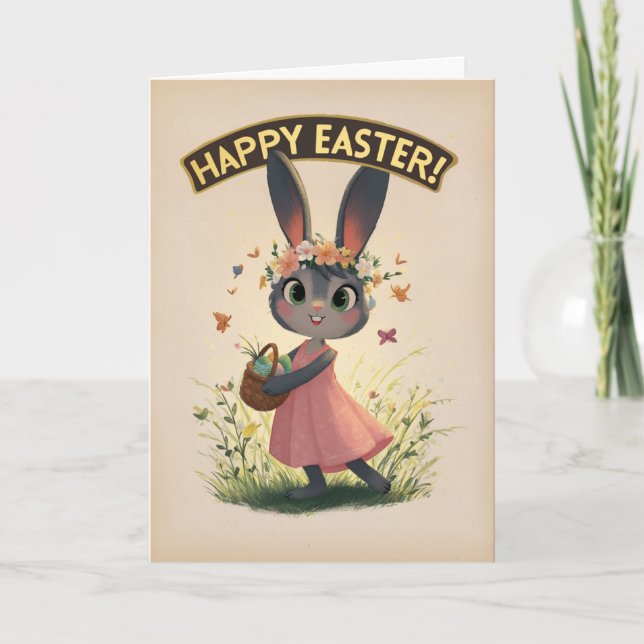 Dancing Easter Bunny in Pink Dress  Card (Front)