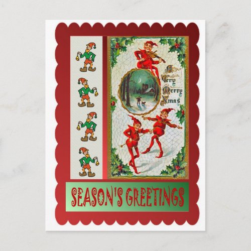 Dancing elves holiday postcard