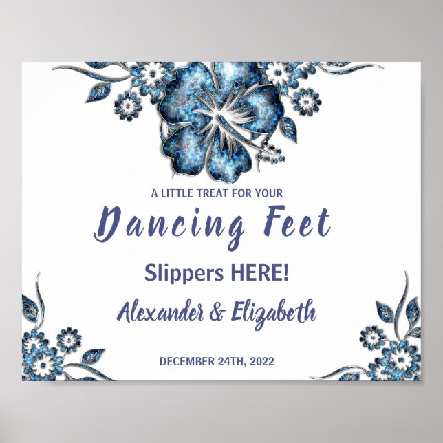 Dancing Feet Flip Flops | Blue Flower Wedding Sign (Front)