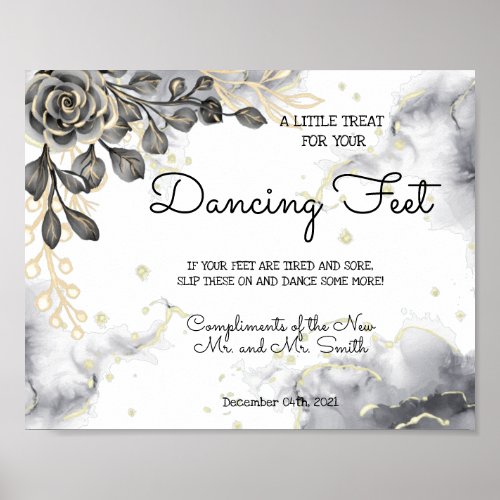 Dancing Feet Flip Flops Wedding Black  Gold Roses Poster