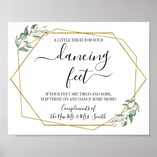 Dancing feet sign flip flops wedding greenery gold