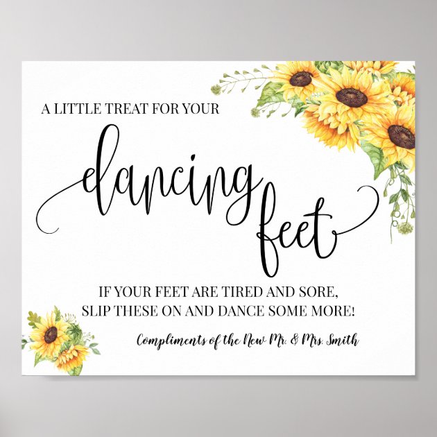 Personalised Sunflower Dancing Feet Flip Flops Wedding Print Table Sign Poster 