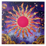 “Dancing Fire of the Cosmos” The Sun Ceramic Tile<br><div class="desc">“Dancing Fire of the Cosmos” The Sun. The sun’s hypnotic swirls and golden flares give the illusion of movement, as if the solar flames are alive. An intricate masterpiece celebrating energy, warmth, and celestial balance with colours of red, orange, yellow and blue.</div>