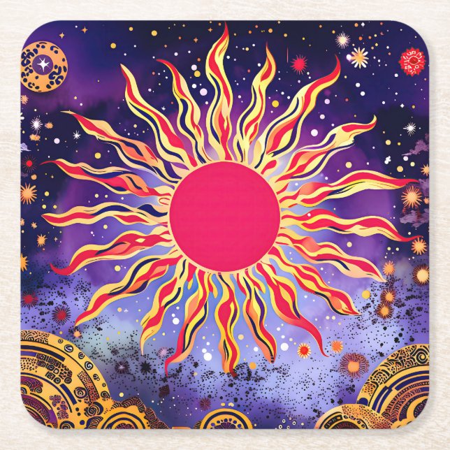 “Dancing Fire of the Cosmos” The Sun Square Paper Coaster (Front)