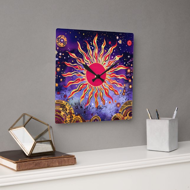 “Dancing Fire of the Cosmos” The Sun Square Wall Clock (Office)