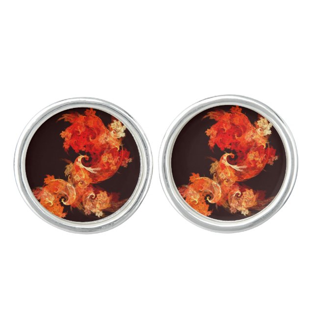 Dancing Firebirds Art Modern Fractal Abstract Cufflinks (Front)