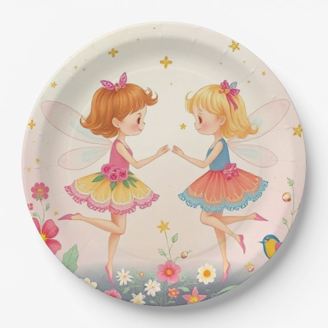 Dancing Floral Fairies2 Gold Glitter Paper Plates (Front)