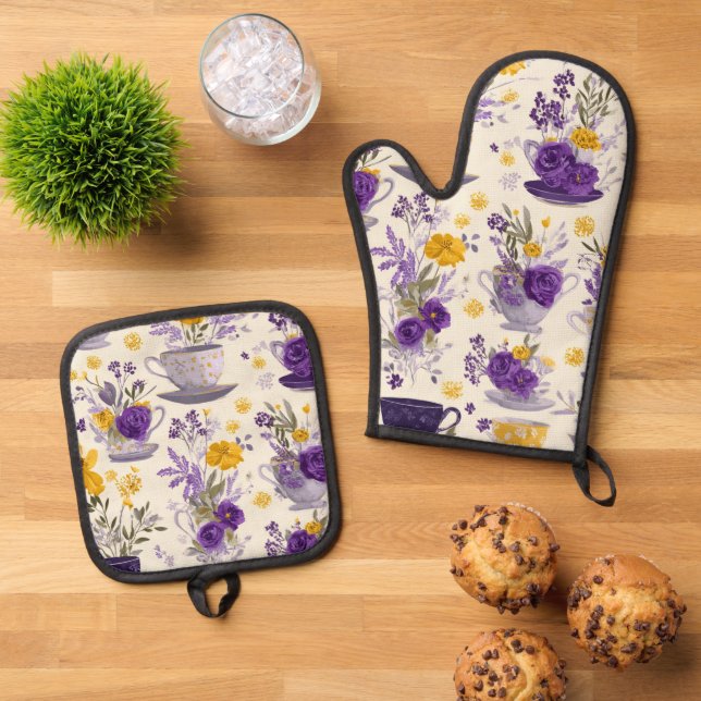 Dancing flower  oven mitt & pot holder set (Top Down)
