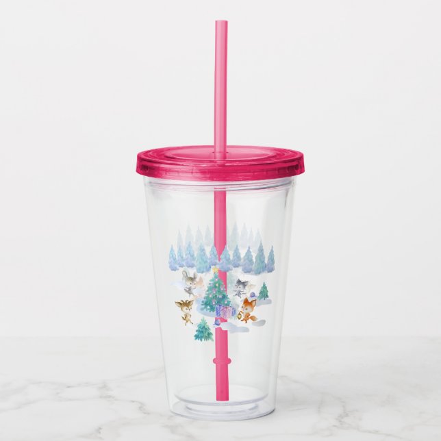 Dancing Forest Animals Christmas Watercolor Acrylic Tumbler (Front)
