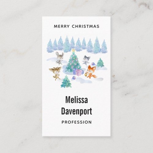 Dancing Forest Animals Christmas Watercolor Business Card