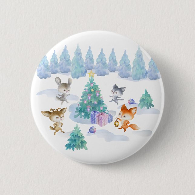 Dancing Forest Animals Christmas Watercolor Button (Front)