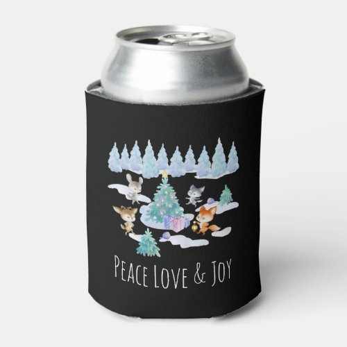 Dancing Forest Animals Christmas Watercolor Can Cooler