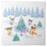 Dancing Forest Animals Christmas Watercolor Ceramic Tile<br><div class="desc">A ceramic tile with a whimsical Christmas scene. Happy forest animals dancing around a decorated Christmas tree. 
Festive holiday watercolor design.</div>