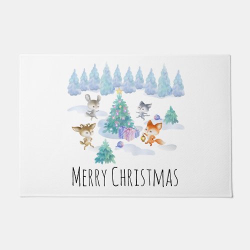 Dancing Forest Animals Christmas Watercolor Doormat