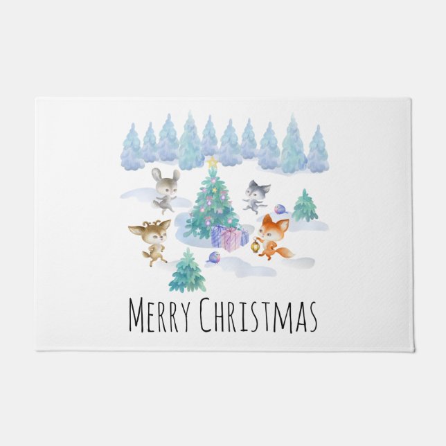 Dancing Forest Animals Christmas Watercolor Doormat (Front)