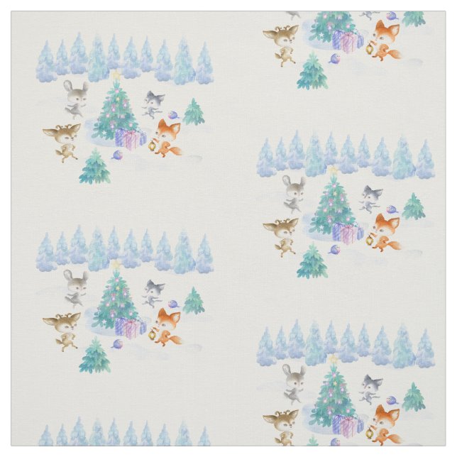 Dancing Forest Animals Christmas Watercolor Fabric (Swatch)
