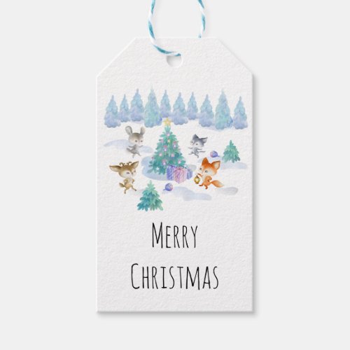 Dancing Forest Animals Christmas Watercolor Gift Tags