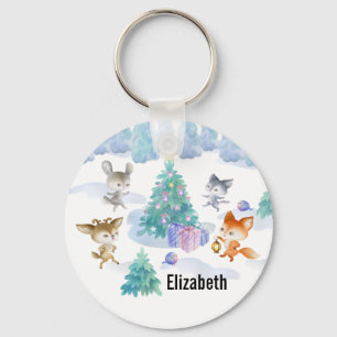 Dancing Forest Animals Christmas Watercolor Keychain