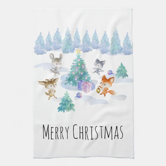 Dancing Forest Animals Christmas Watercolor Kitchen Towel (Vertical)
