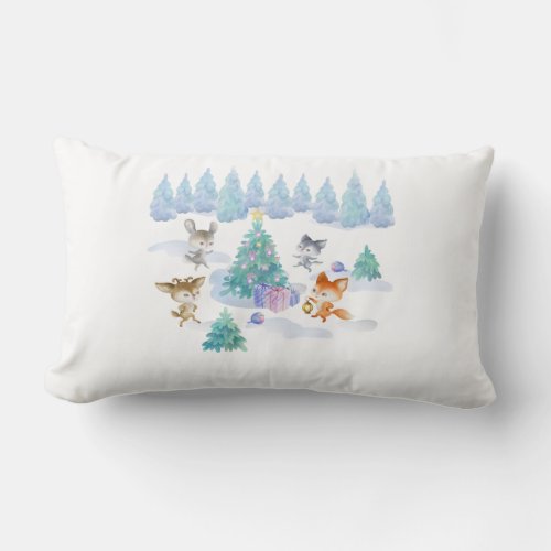 Dancing Forest Animals Christmas Watercolor Lumbar Pillow