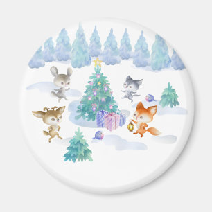 Dancing Forest Animals Christmas Watercolor Magnet