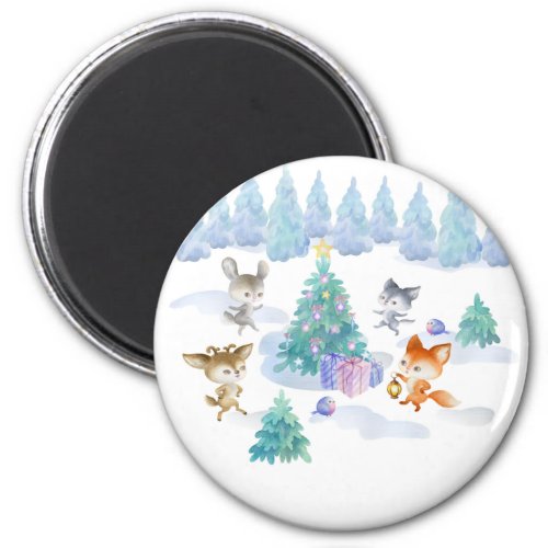 Dancing Forest Animals Christmas Watercolor Magnet