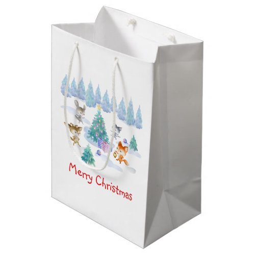 Dancing Forest Animals Christmas Watercolor Medium Gift Bag