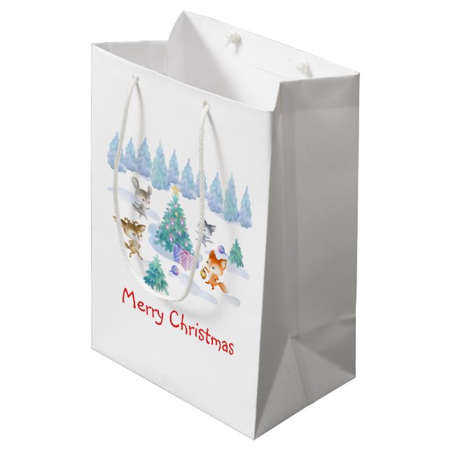 Dancing Forest Animals Christmas Watercolor Medium Gift Bag (Front Angled)