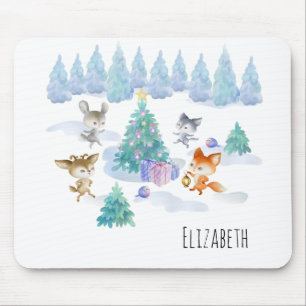 Dancing Forest Animals Christmas Watercolor Mouse Pad