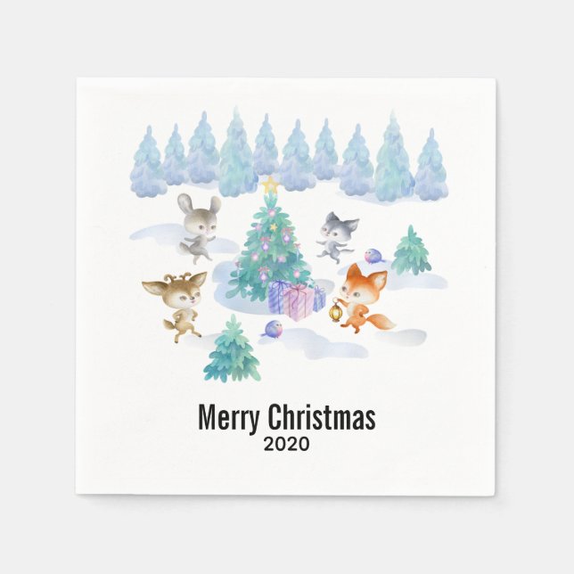 Dancing Forest Animals Christmas Watercolor Napkins (Front)