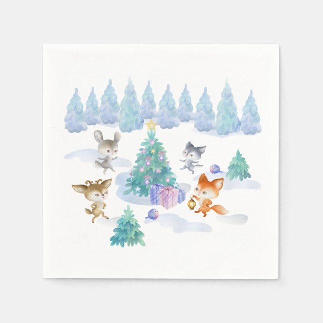 Dancing Forest Animals Christmas Watercolor Napkins (Front)