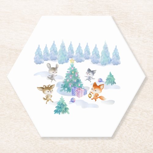 Dancing Forest Animals Christmas Watercolor Paper Coaster