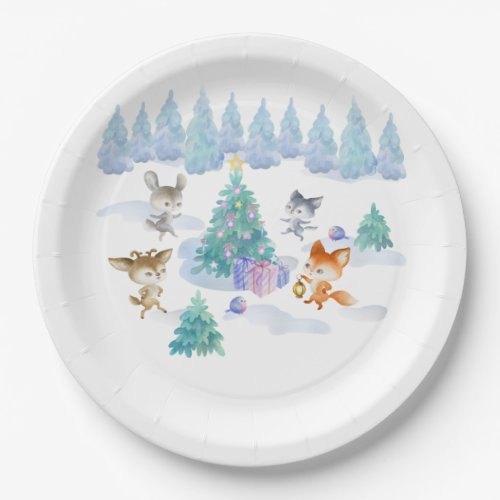 Dancing Forest Animals Christmas Watercolor Paper Plates