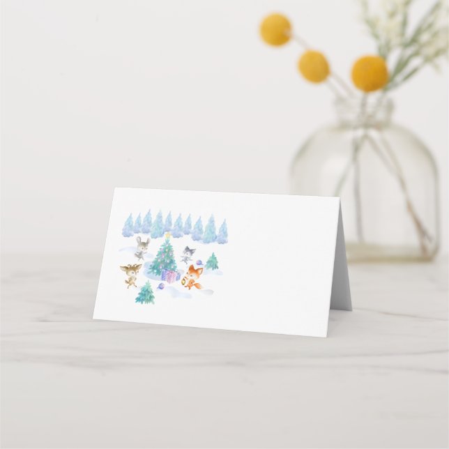 Dancing Forest Animals Christmas Watercolor Place Card (Front)
