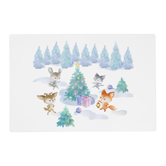Dancing Forest Animals Christmas Watercolor Placemat (Front)