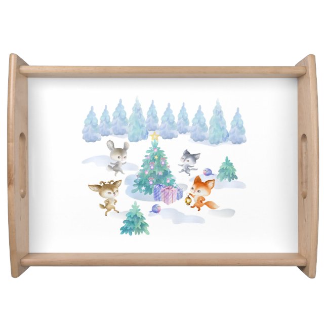 Dancing Forest Animals Christmas Watercolor Serving Tray (Front)