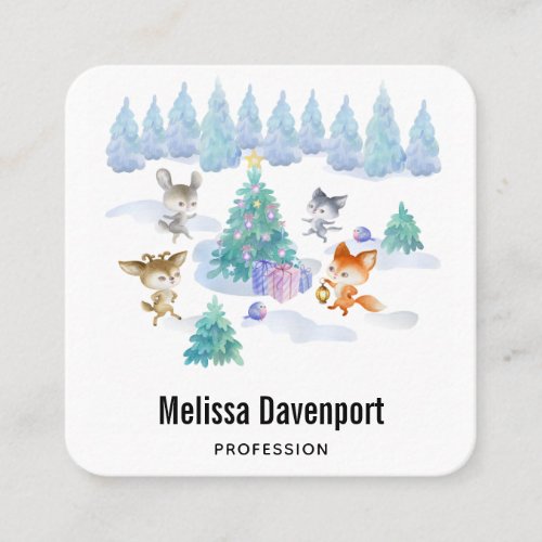 Dancing Forest Animals Christmas Watercolor Square Business Card