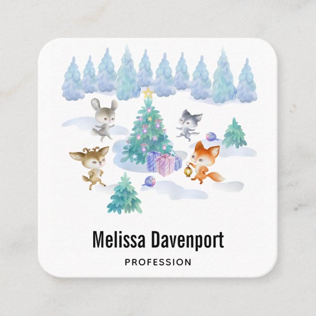 Dancing Forest Animals Christmas Watercolor Square Business Card (Front)
