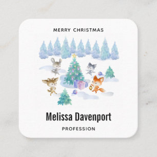 Dancing Forest Animals Christmas Watercolor Square Business Card