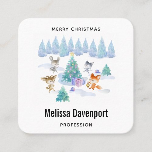 Dancing Forest Animals Christmas Watercolor Square Business Card