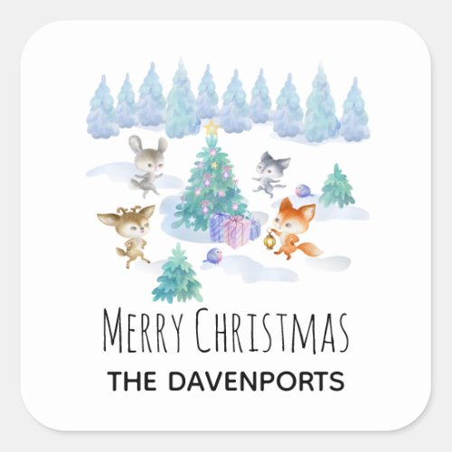 Dancing Forest Animals Christmas Watercolor Square Sticker