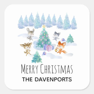 Dancing Forest Animals Christmas Watercolor Square Sticker