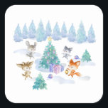 Dancing Forest Animals Christmas Watercolor Square Sticker<br><div class="desc">Stickers with a whimsical Christmas scene. Happy forest animals dancing around a decorated Christmas tree. 
Festive holiday watercolor design.</div>