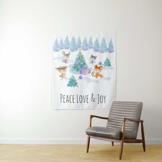 Dancing Forest Animals Christmas Watercolor Tapestry (In Situ)