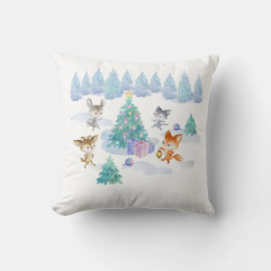 Dancing Forest Animals Christmas Watercolor Throw Pillow