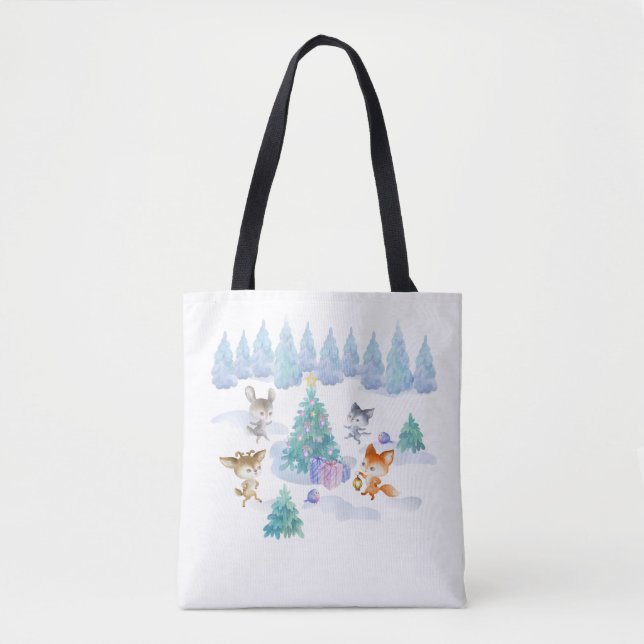 Dancing Forest Animals Christmas Watercolor Tote Bag (Front)