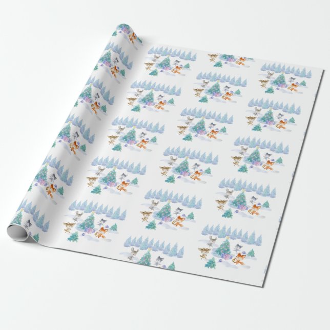 Dancing Forest Animals Christmas Watercolor Wrapping Paper (Unrolled)