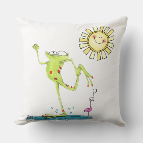 Dancing Frog Flamingo and Smiling Sun on Outdoor Pillow