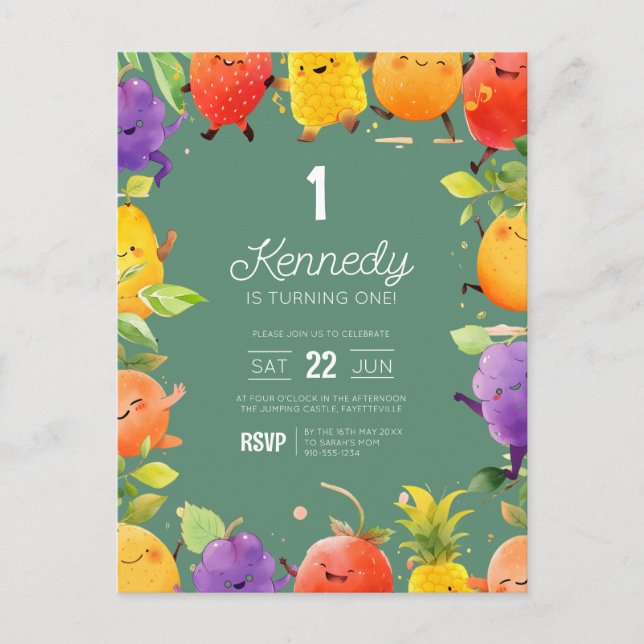 Dancing Fruit Birthday Invitation  Postcard (Front)