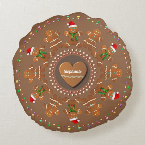 Dancing Gingerbread Cookies Round Pillow